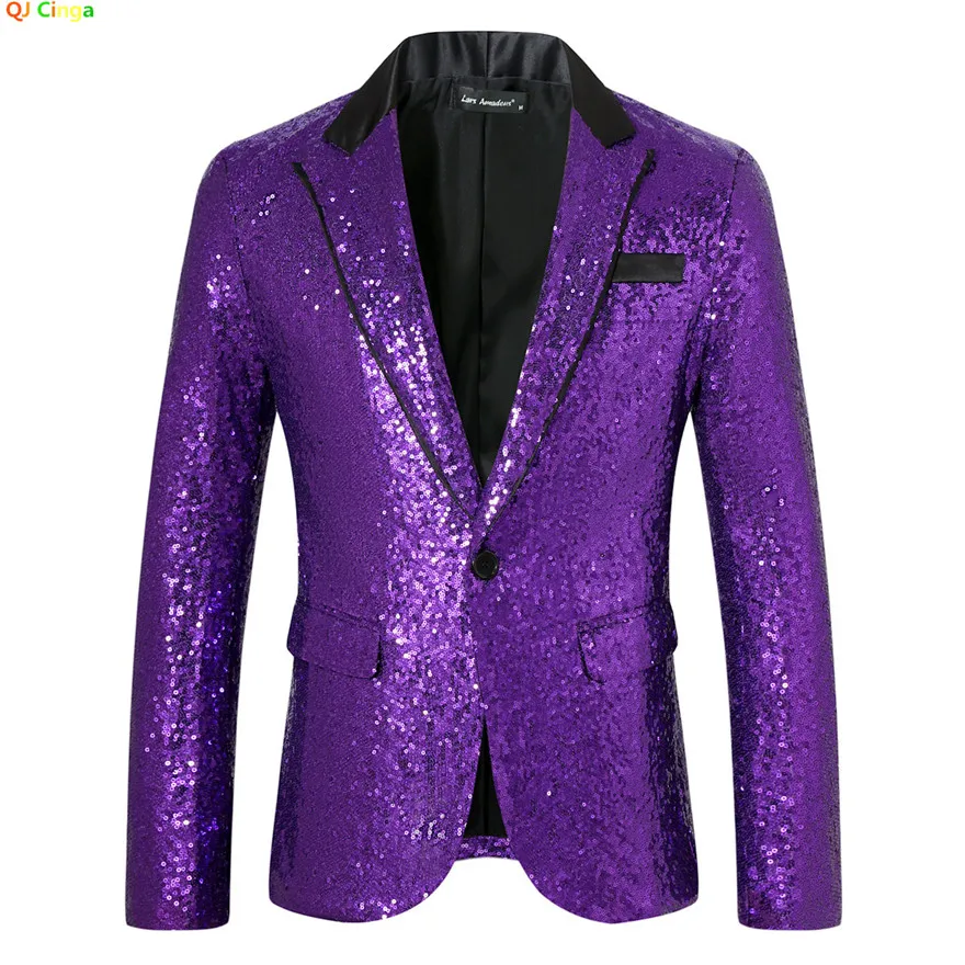 Purple Men\'s Shiny Sequins Blazer,Wedding Party Dress Coats,White Purple Red Green Silver Suit Jacket, European Size S-XXL