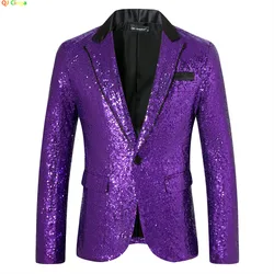 Purple Men's Shiny Sequins Blazer,Wedding Party Dress Coats,White Purple Red Green Silver Suit Jacket, European Size S-XXL