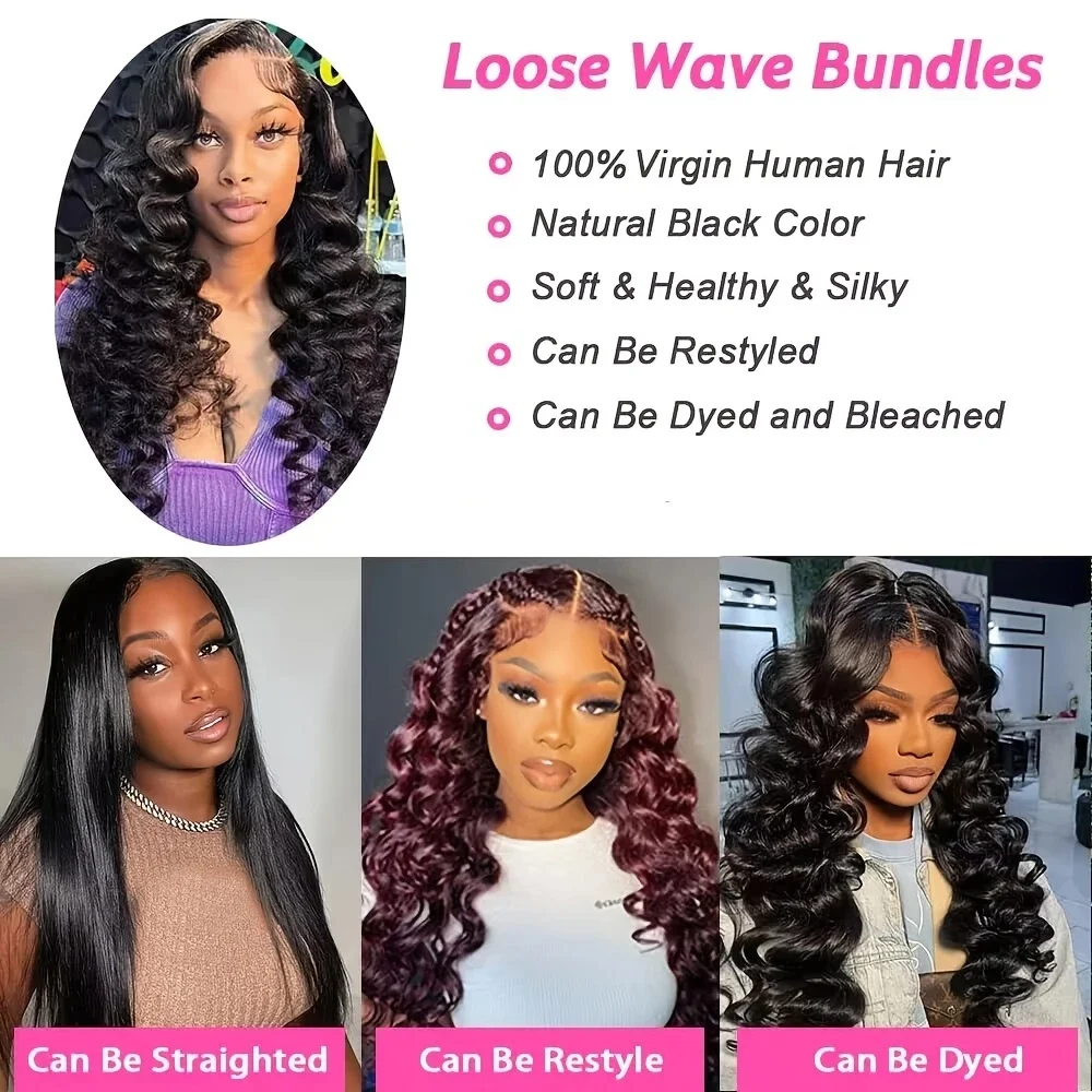 Bundel Gelombang Longgar Rambut Manusia dengan Penutup 22 24 26 & 18 Inci 10A Bundel Rambut Manusia dengan Ekstensi Penutupan 4×4 Warna Alami