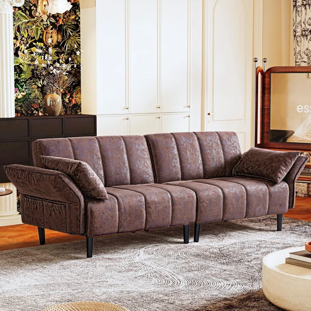 

Кожаный диван для гостиной, современный 3-местный диван из искусственной кожи середины века, удобный трансформируемый диван-футон с регулируемым основанием