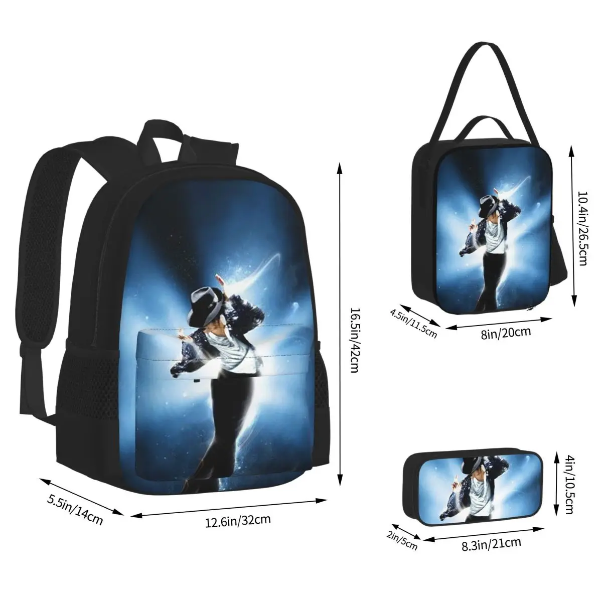 Michael Jackson Musicians Singers Dancers Backpacks Bookbag School Bags Children Rucksack Lunch Bag Pen Bag Three-Piece Set
