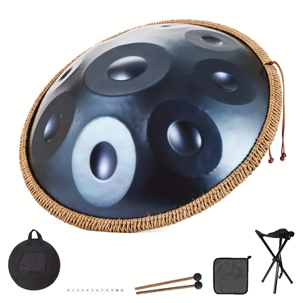 

9-tone 440Hz steel handpan percussion instrument in D minor, tambourine with special tote bag, mallet, tambourine stand
