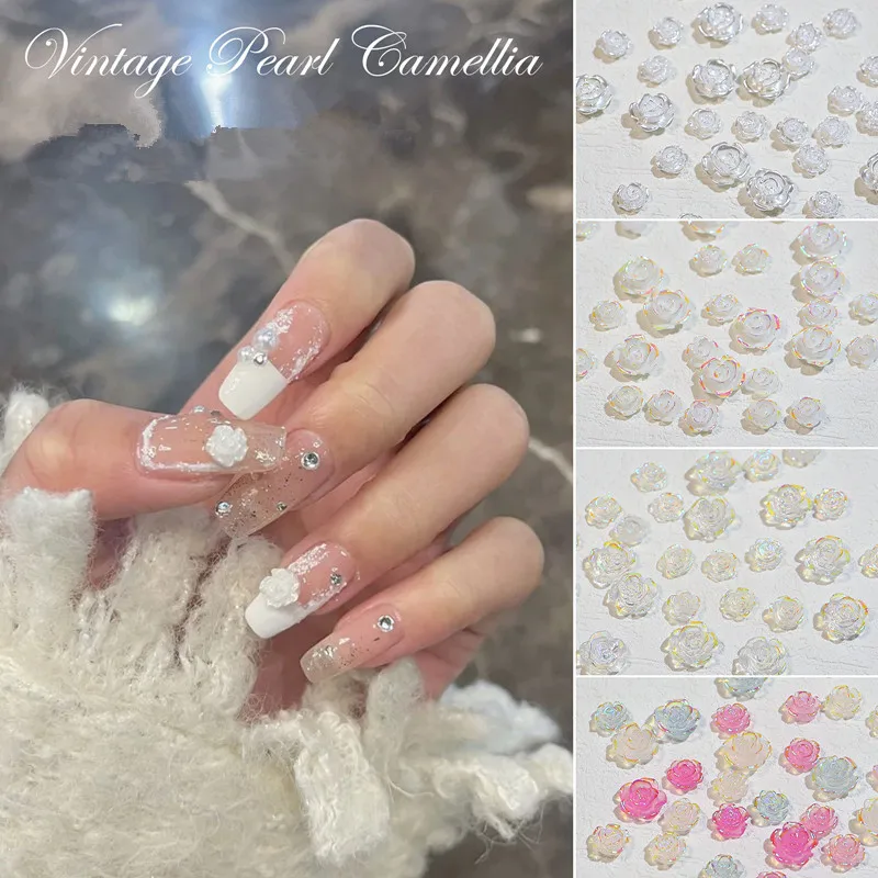 2023 Camellia Nail Art White Aurora Stereoscopic Flower Bow Nail Accessories Diamond Ornaments