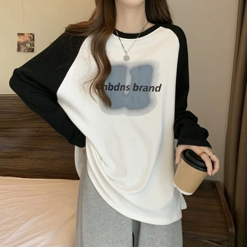 Trend Plus Size Print T Shirt Tops Spring Autumn Long Sleeve O-neck Loose Contrast Pullovers Top Casual Fashion Women Clothing
