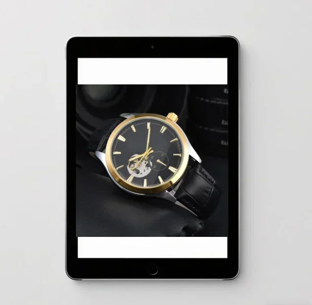 Stijlvol cool zakelijk roségouden herenhorloge, bruine leren band, transparante achterkant van de kast, automatisch mechanisch herenhorloge