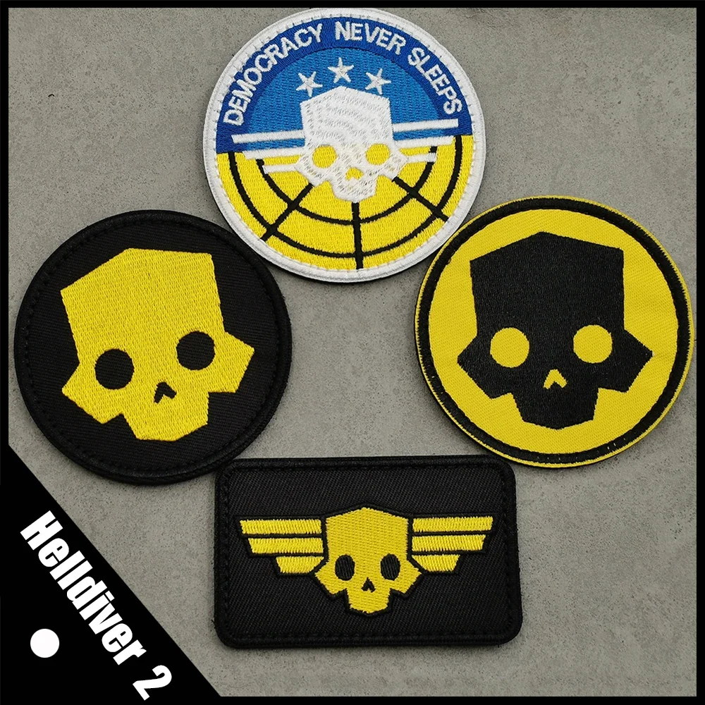 Helldiver 2 Round Shape Skull Yellow Fabric Sew-on Embroidery DIY Coats Cosplay Sew-on Tactical Man Boys Bag Hat Skull Patch