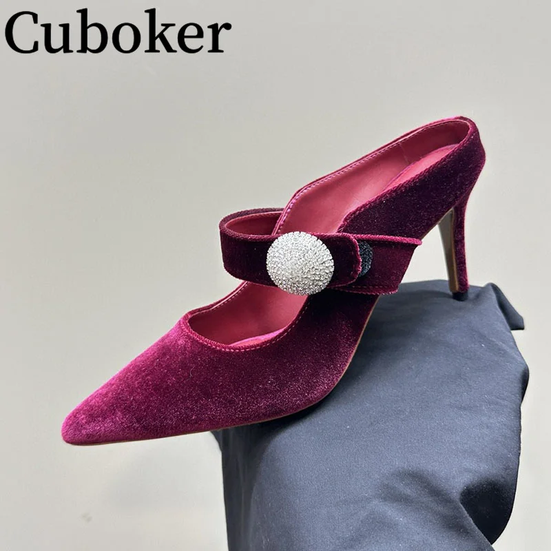 

Brand Designer Bling Decor Plus Size Women Slippers Pointed Toe Female Slides Summer Elegant High Heels Velvet Women Slippers