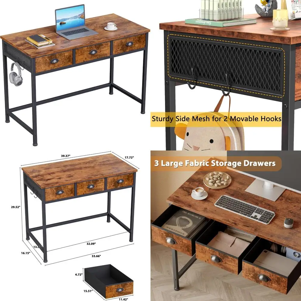 

Compact 40 Inch Desk with 3 Fabric Drawers, Home Office Writing Table, Study Desk with Hooks, Simple Design for Everyday Use
