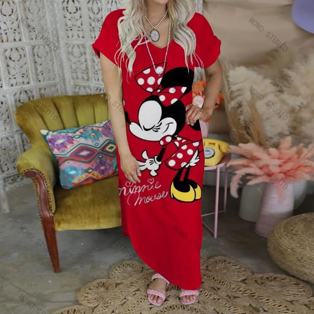 Disney damska długa sukienka Mickey letnie sukienki 2022 Casual dekolt rozrywka Cartoon Sexy Minnie Mouse odzież damska Y2k suknia w stylu Maxi