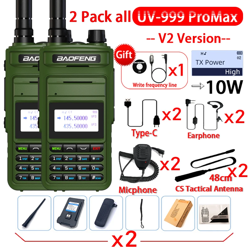 Baofeng-Transreceptor Walkie Talkie Profissional, Carregador Tipo-C, Atualização, UV-10R 5R CB, 2Pcs, UV999 Pro Max, 10W, 2Pcs