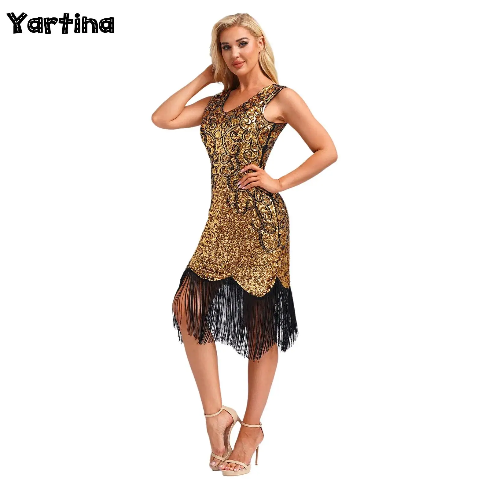 Womens Sequin Flowery Sleeveless Tassels Bodycon Dress Gown with A Hidden Invisible Zipper Ball And Dance Party Mini Dress