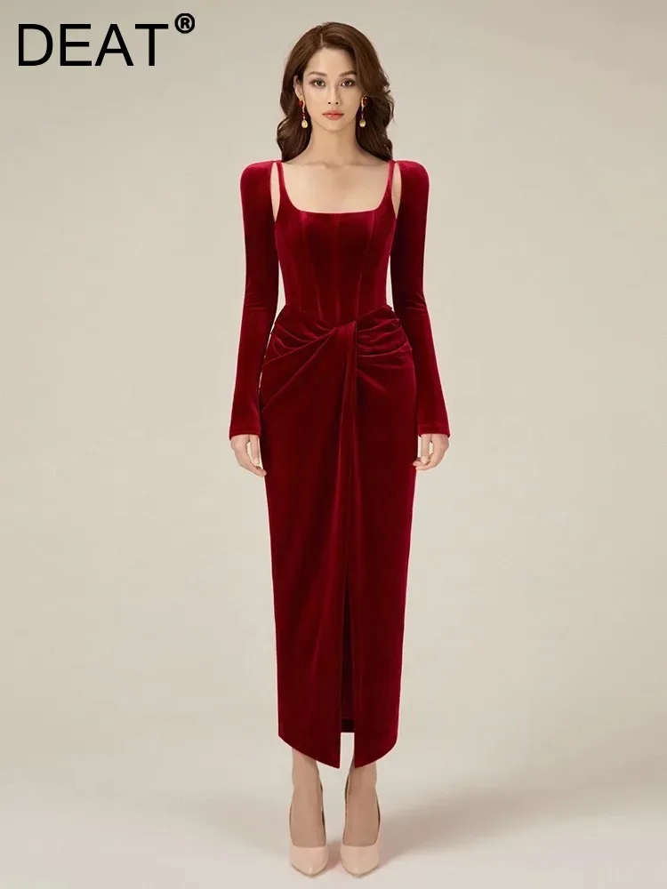 DEAT Women's Evening Dresses Square Collar Velvet Hollow Out Kink Knot High Split Slim Mid-calf Dresses Autumn 2024 New 13DB1930