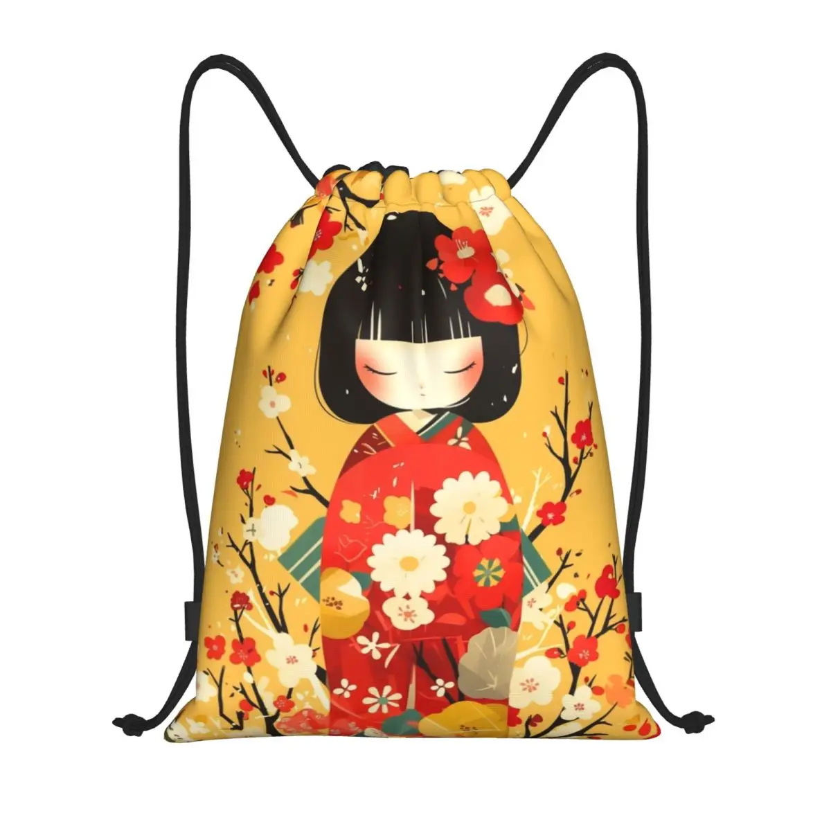 Japanese Girl Kimono Kokeshi Doll Drawstring Backpack Women Men Sport Gym Sackpack Foldable Training Bag Sack