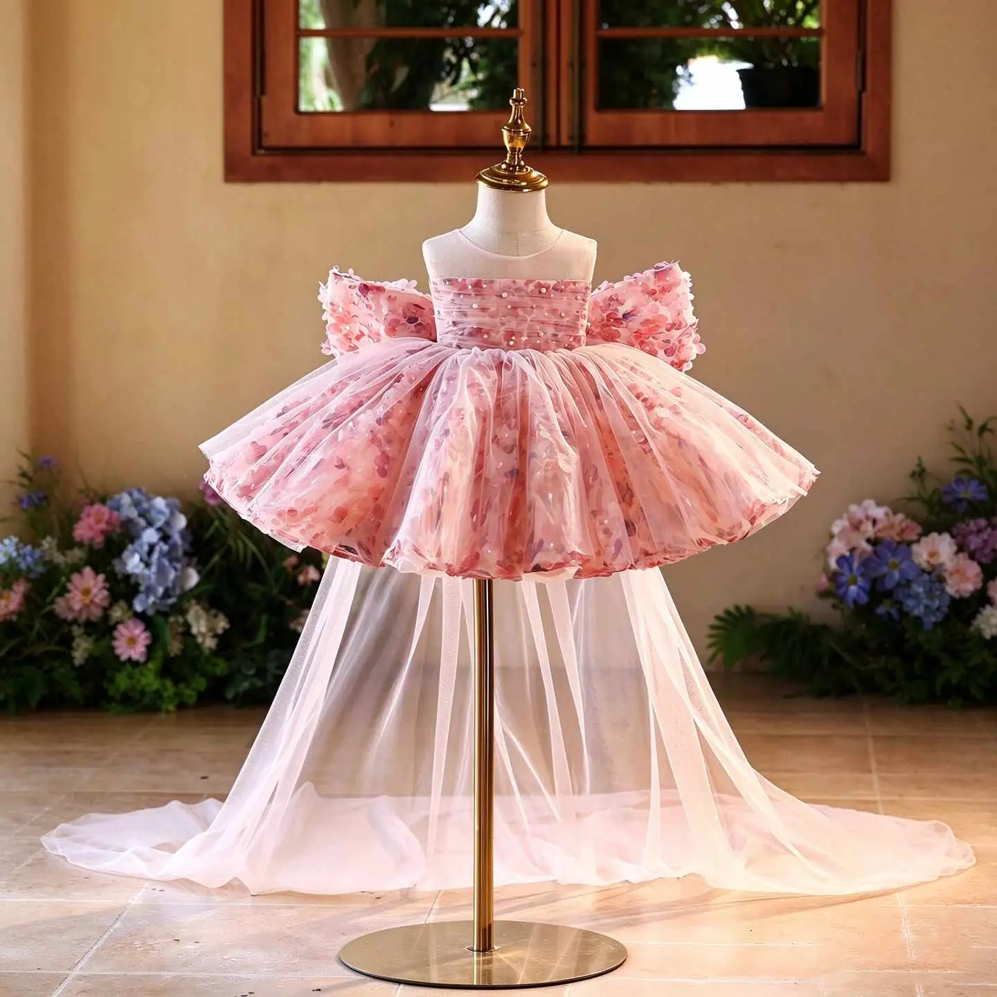 Jill Wish J525 Pink 3D Petal Girls Tutu Dress, Pearl Embellished Princess Gown with Detachable Sheer Tulle Train