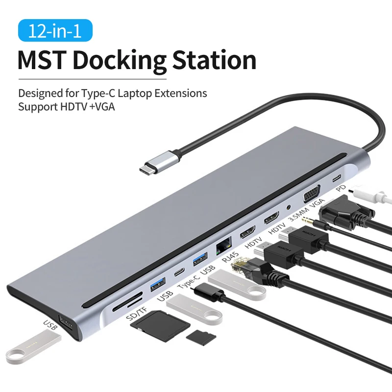 

12 in 1 USB-C Docking Station Triple Monitor with HDMI1.4*2+VGA+USB3.0/2.0+RJ45 100M+SD/TF+PD+TYPE C for Mac Pro/Air DELL ASUS