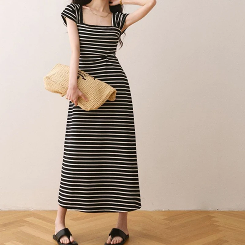 Korean Striped Dress Women Fashion Slim Elegant Summer Beach Skirt Backless Sexy Pretty Style Black Dress Female Clothes