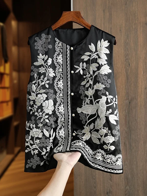 

Early Autumn High-End Embroidered Bla Vest Women's Loose Sle Faionable Chinese National Sle Top Outerwear Jaet