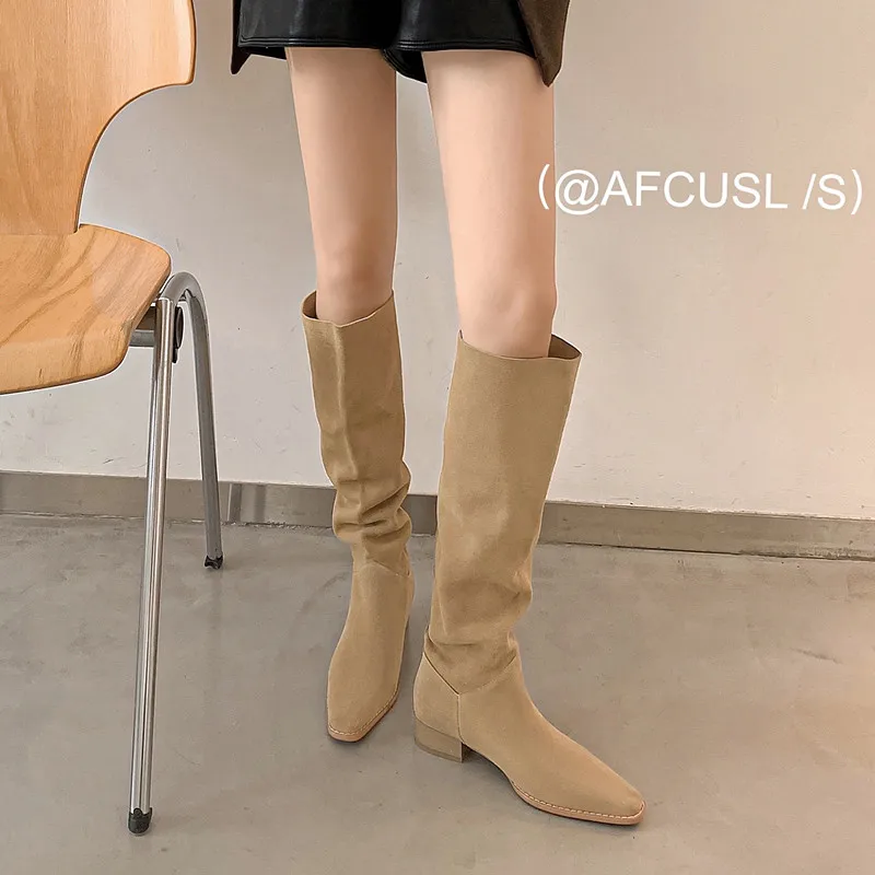 

French Style Spring Autumn Woman Boots Size 40 Woman Boots SquareToe Slip On Simple Pleated Shoes Cow Suede Winter Botas