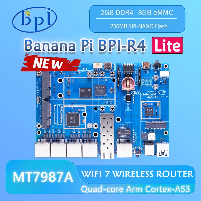 

Banana Pi BPI-R4 Lite MT7987 Quad-core Arm Cortex-A53,2GB DDR4 8GB eMMC,Support M.2 for 4G/5G Module,12.5G SFP/RJ45 Single Board