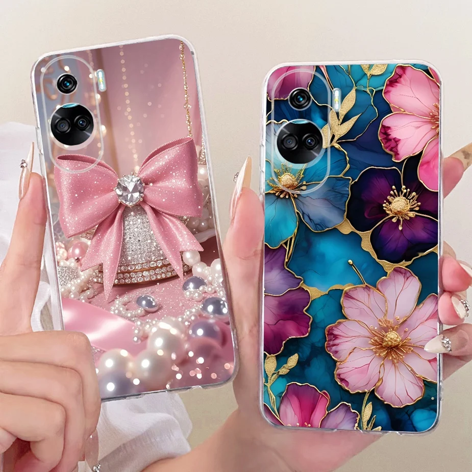 For Honor 90 Lite Case CRT-NX1 Stylish Bow Flowers Painted Cover Soft Slim Phone Case For Honor 90 Pro Honor90 Lite 90Pro Fundas
