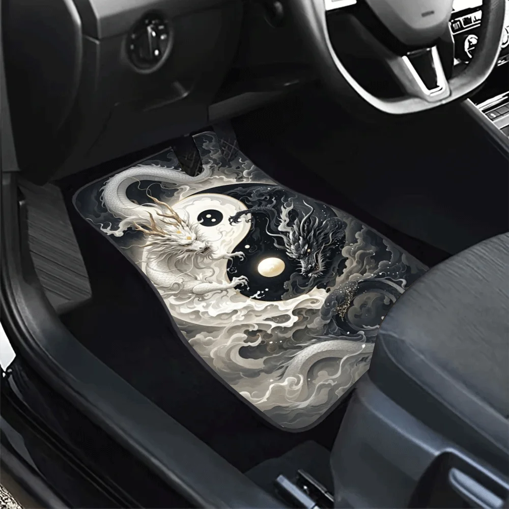 4pcs Yin Yang Double Dragon Pattern Car Floor Mats Set, Universal Front& Rear, Chinese Style Black& White Print