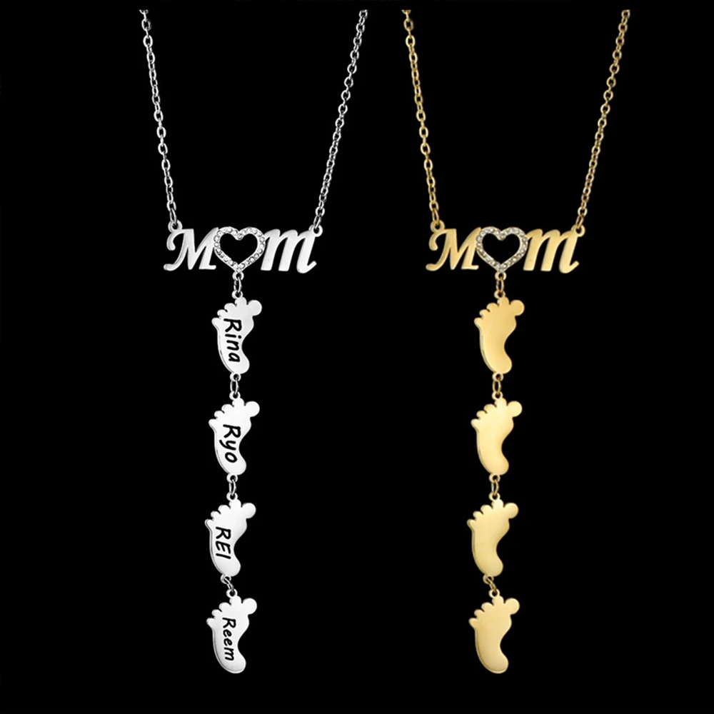 

New Personalized Engraved Baby Feet Name Necklace Staless Steel Customized Children's Names Zircon Jewelry Mother's Day Gift