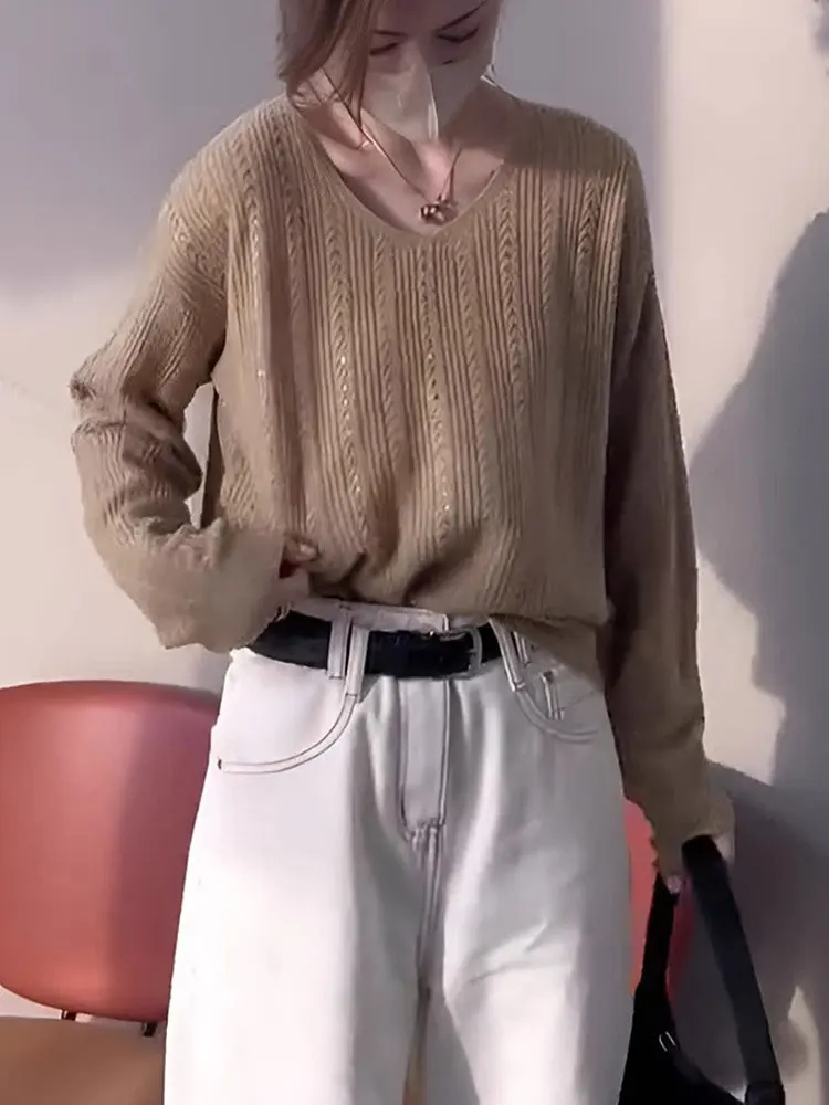 Schicke Khaki-Strickwaren, lang, Swe, lässig, bequem, hautfreundlich, für den Pendelverkehr, neues SLE-Top, weich, gemütlich, reine Farbe, schlichtes Design