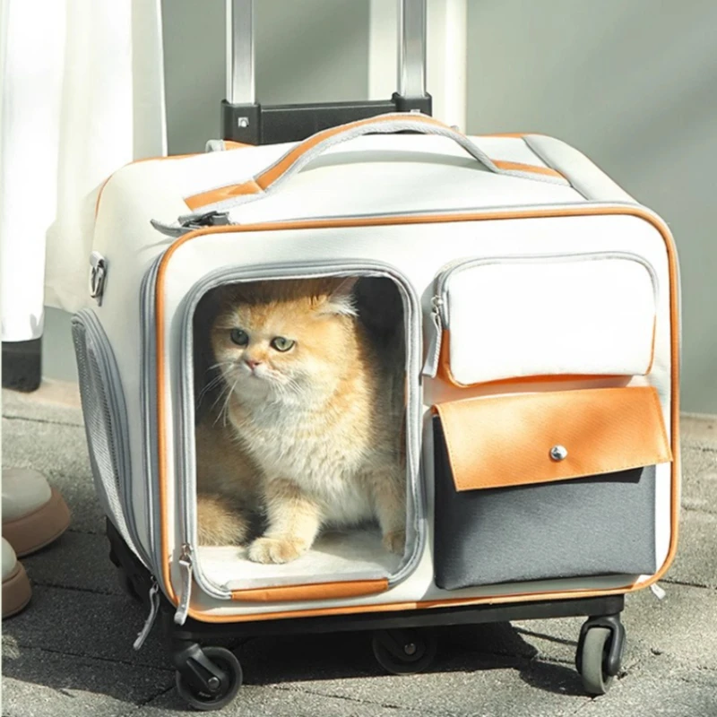 

Тележка для кошек, портативная сумка для домашних животных для использования на открытом воздухе, тележка для кошек, дышащий рюкзак большой емкости для домашних животных, универсальные колеса