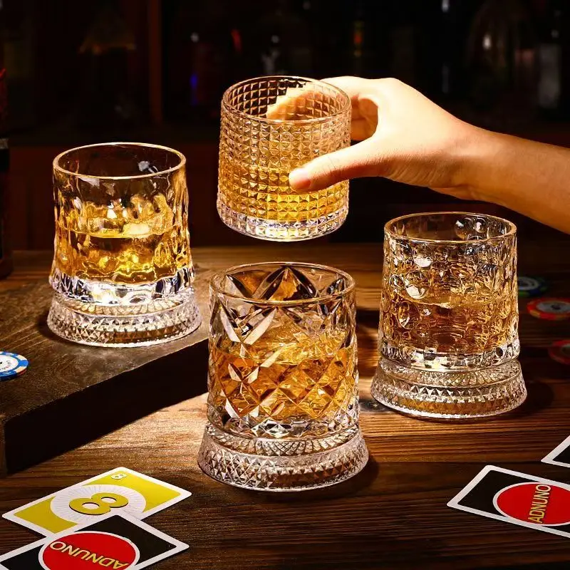 

360° Rotate Whiskey Glasses Rotating Whisky Glass with Glass Bases Degrees Crystal Rum Glass Grape Cocktail Party Drinking Gifts