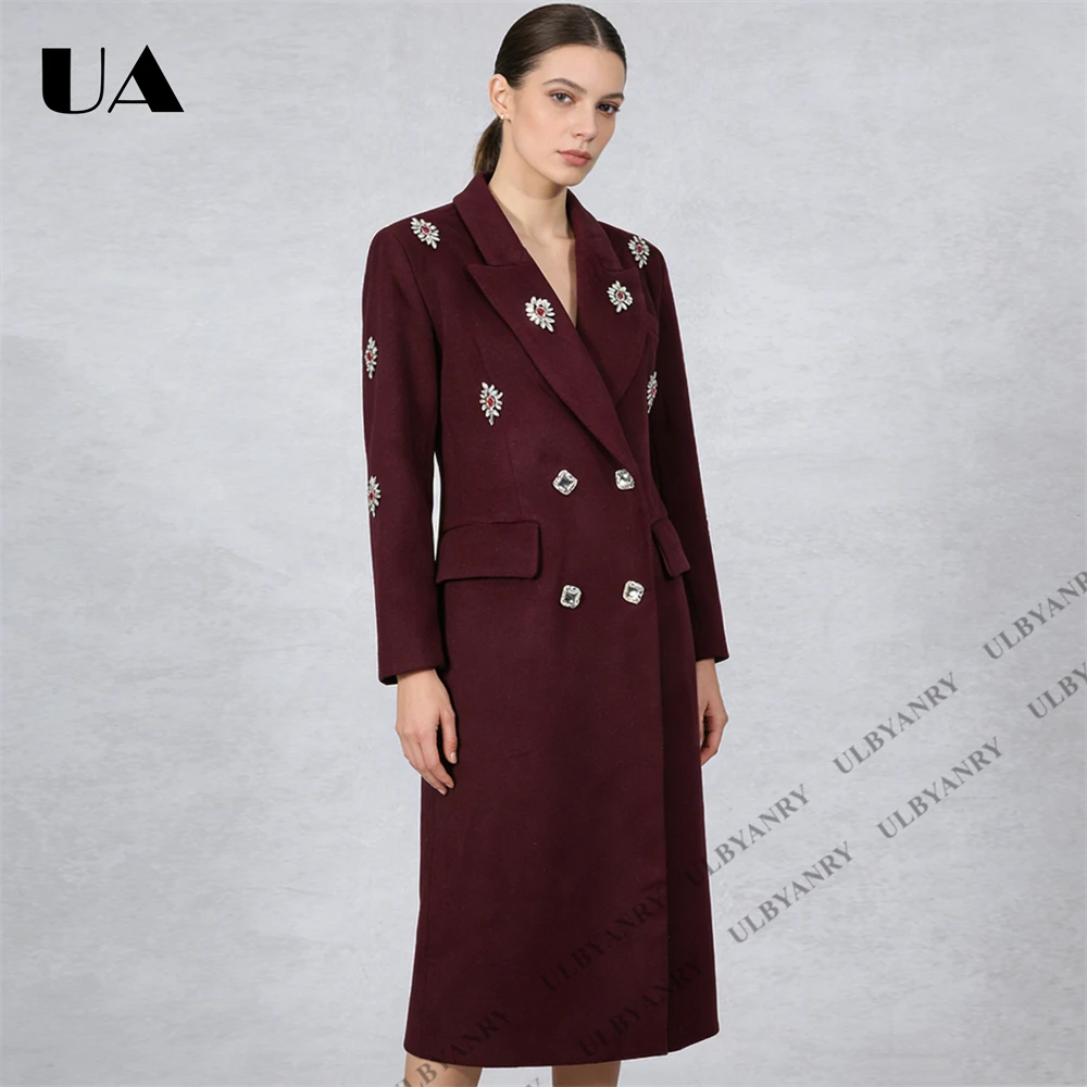 ULBYANRY 2026 Burgundy Double-Breasted Wool Coat with Crystal Floral Embellishments Womens Long Suit Coat for Prom Gala Events