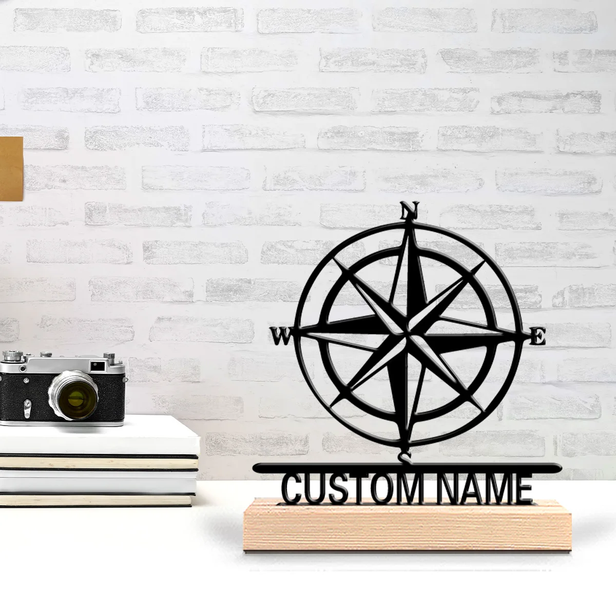 1pc Simple compass Personalized Name Tin Statue Metal Figurine With Wood Base Tin Ornament With Wood Base For Boys Gifts