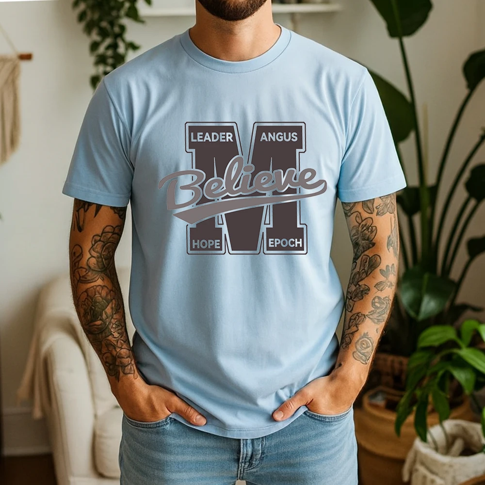 Mens 100% Cotton T Shirt Believe Leader Angus Hope Epoch Varsity Letter Print Breathable Short Sleeve Casual Daily Tee