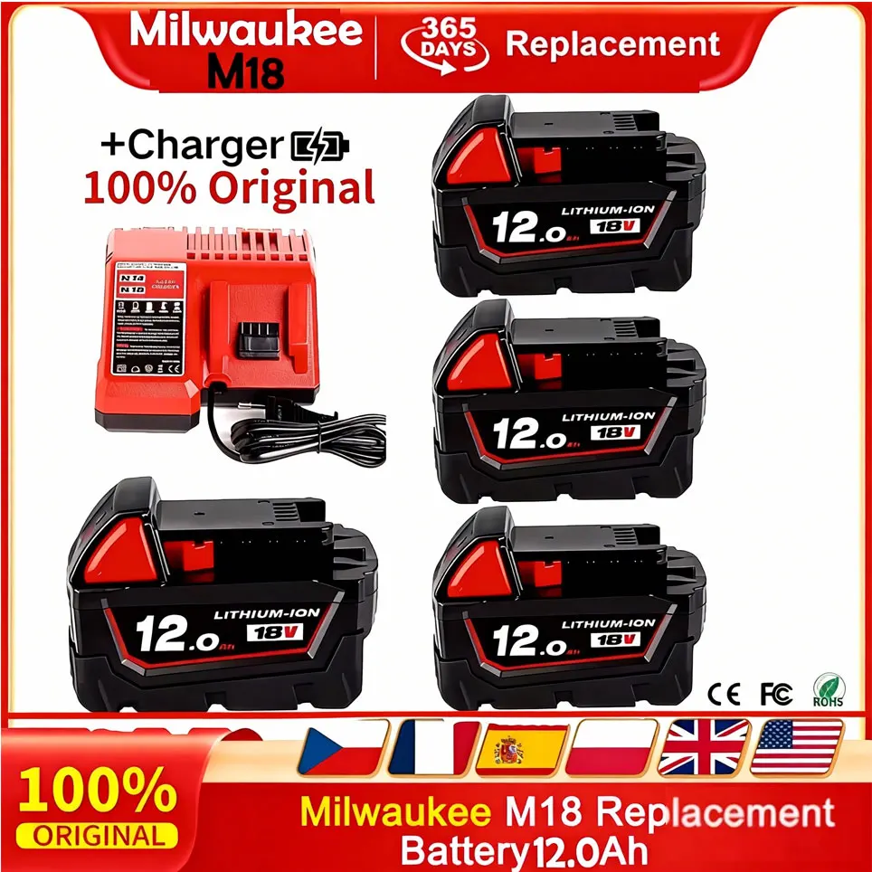 Image of 18V 12.0Ah Replacement Battery,Compatible Milwaukee M18 - 15-Cells 21700 Li-ion Rechargeable Battery M18 - 48-11-1815 Model