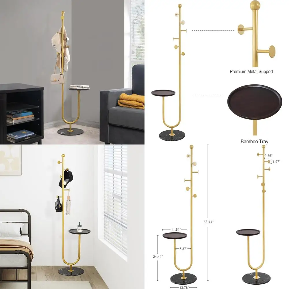 

Сверхмощное металлическое пальто с бамбуковым подносом и 6 крючками, мраморная подставка для спальни, прихожей или прихожей