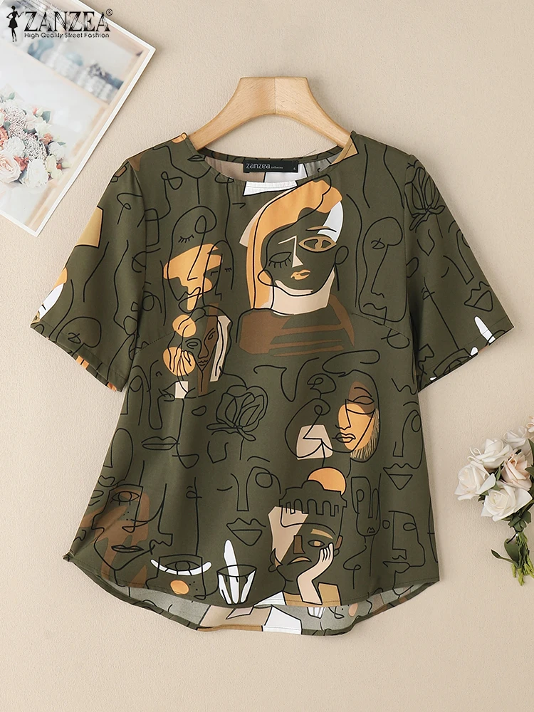 

ZANZEA/2020 летние женские Blusas Mujer повседневная одежда с коротким рукавом и круглым вырезом повседневные блузки с абстрактным принтом лица модные футболки