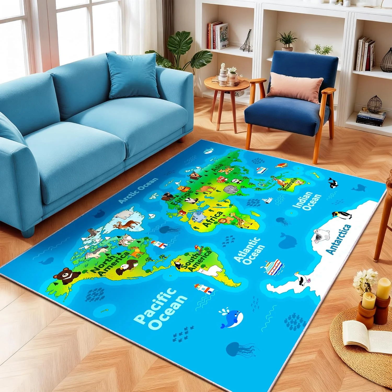 Educational World Map Play Rug for Kids Cartoon Animal Map and Ocean Life Playmat Non-Slip Area Carpet for Playroom