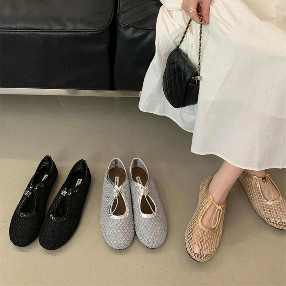 

Mesh Ballet Flats for Women Round Toe Fishnet Ballerina Flats Buckle Strap Casual Comfortable Office Mary Jane Flat Shoes