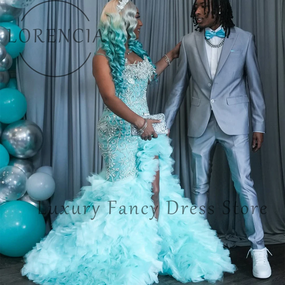 高級ラインストーンウエディングドレス女性のためのチュールフリルウェディングパーティードレスカスタマイズされたサイドスリット光沢のあるダイヤモンドvestidosデフェスタ