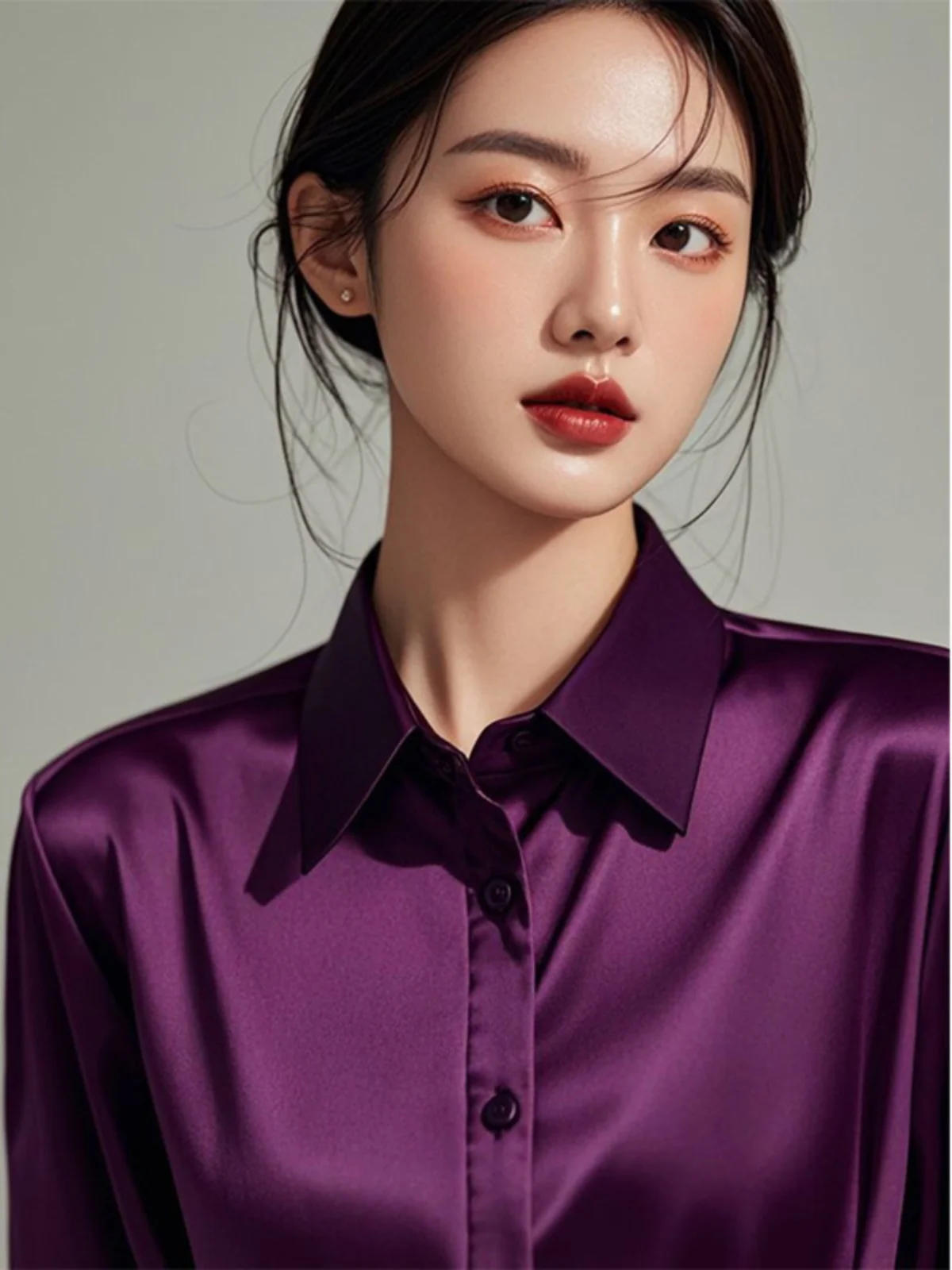 

Ele Purple Silk Satin Long Sve Women's irt Profional Faionable Commuting Sle Autumn New Arrival Loose Fit Pol...