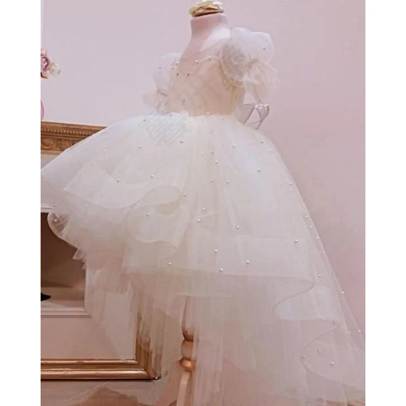 Pérola tule vestido da menina da flor de manga curta hight-baixo para o casamento vestido de baile de aniversário primeira comunhão sagrada vestidos