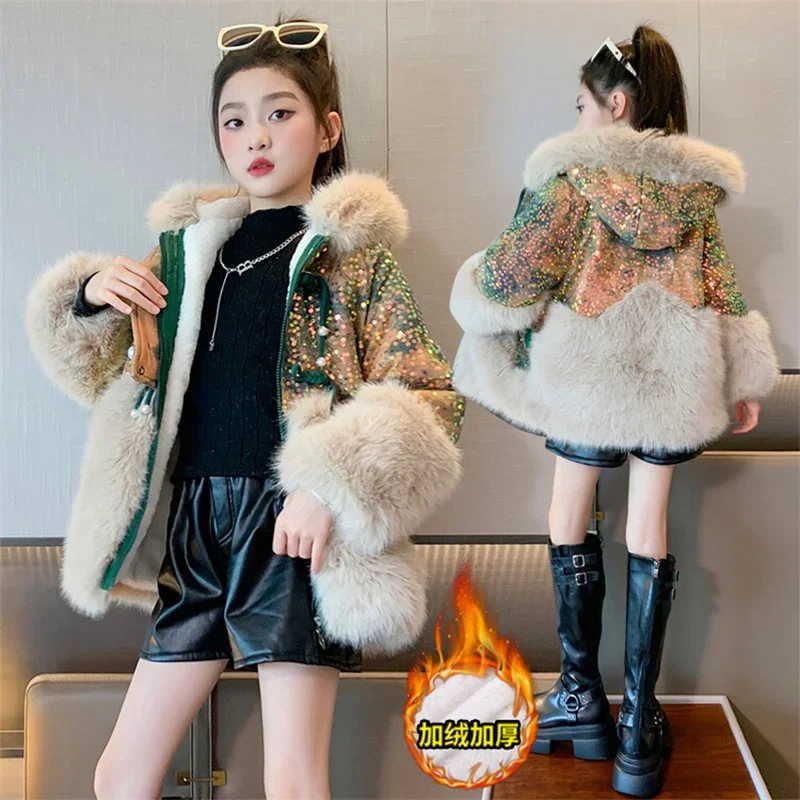 Children Girls Fur Coat Kids Winter Sequins Hooded Coat Jacket Teenager Girl Princess Thick Warm Cotton Outerwear 3-12Year