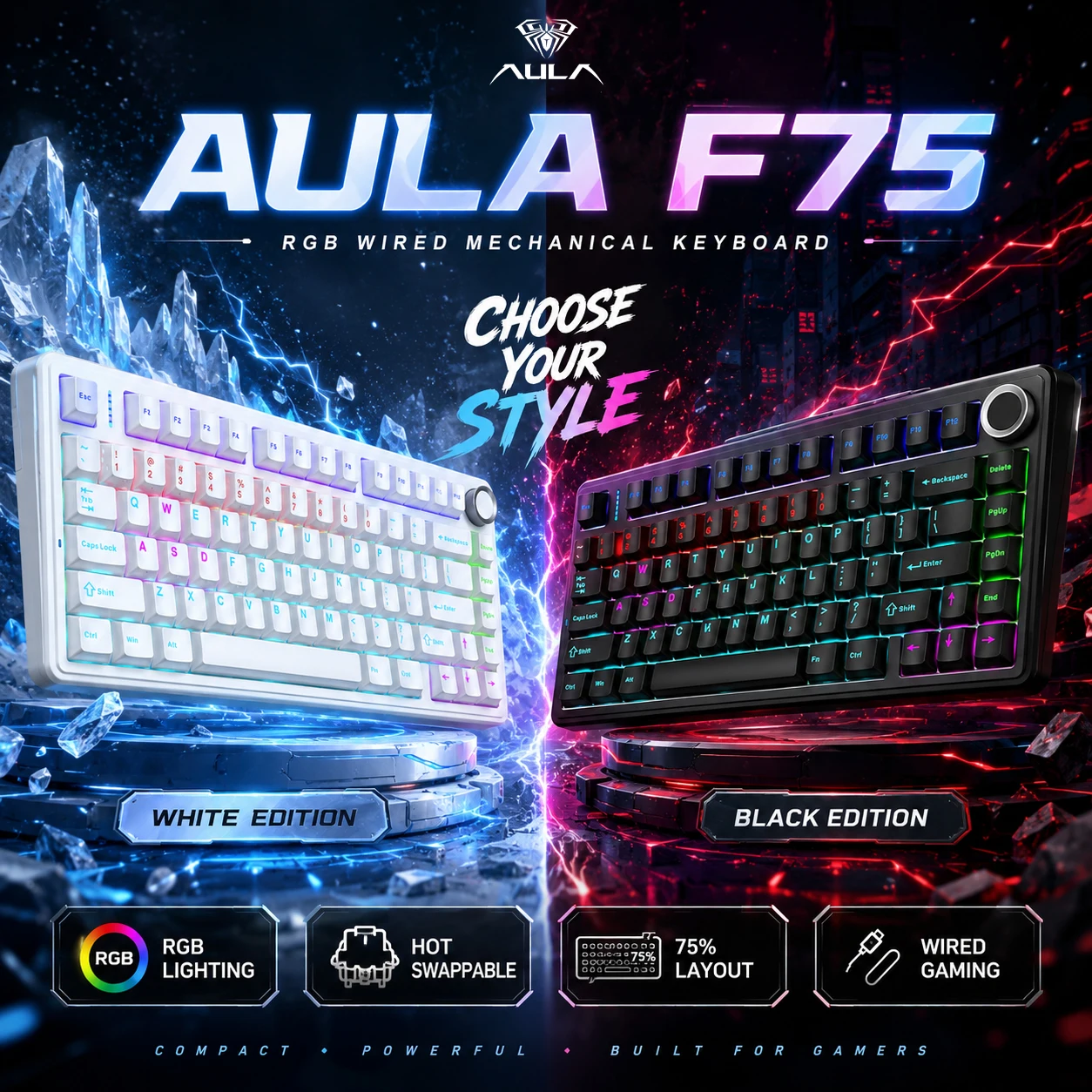 AULA F75 Single‑Mode Wired Mechanical Keyboard Low Latency Gasket Hot Swap 75% Layout Metal Knob PBT RGB Keyboard Mac Windows