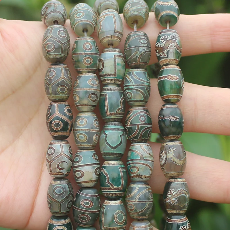 8pcs , Many patterns Natural Green Agate Ancient Tibet Dzi beads 10x14mm , For DIY Jewelry making !