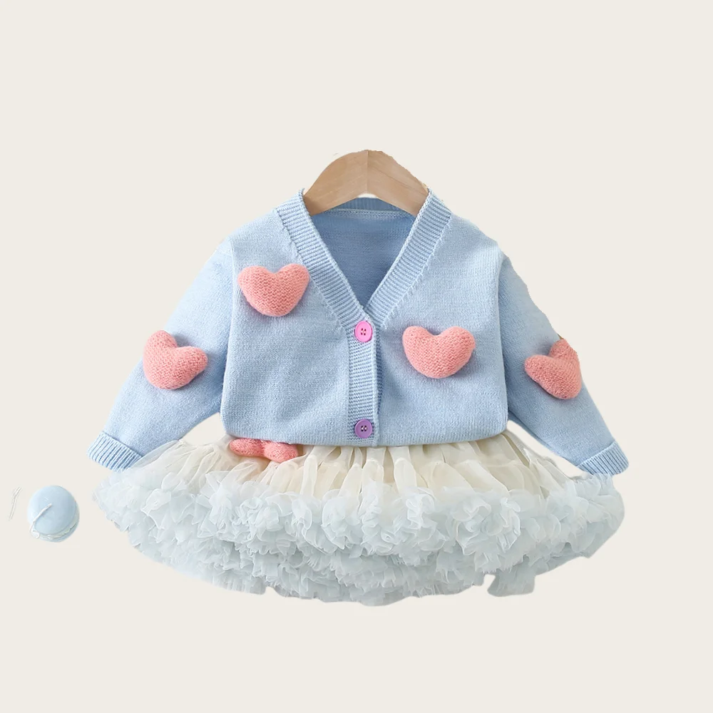 2PCS 3D Heart Toddler Girls Princess Knit Sweaters And Tutu Skirts Suits V-neck Knit Cardigans Mesh Tulle Skirt for Girls Set