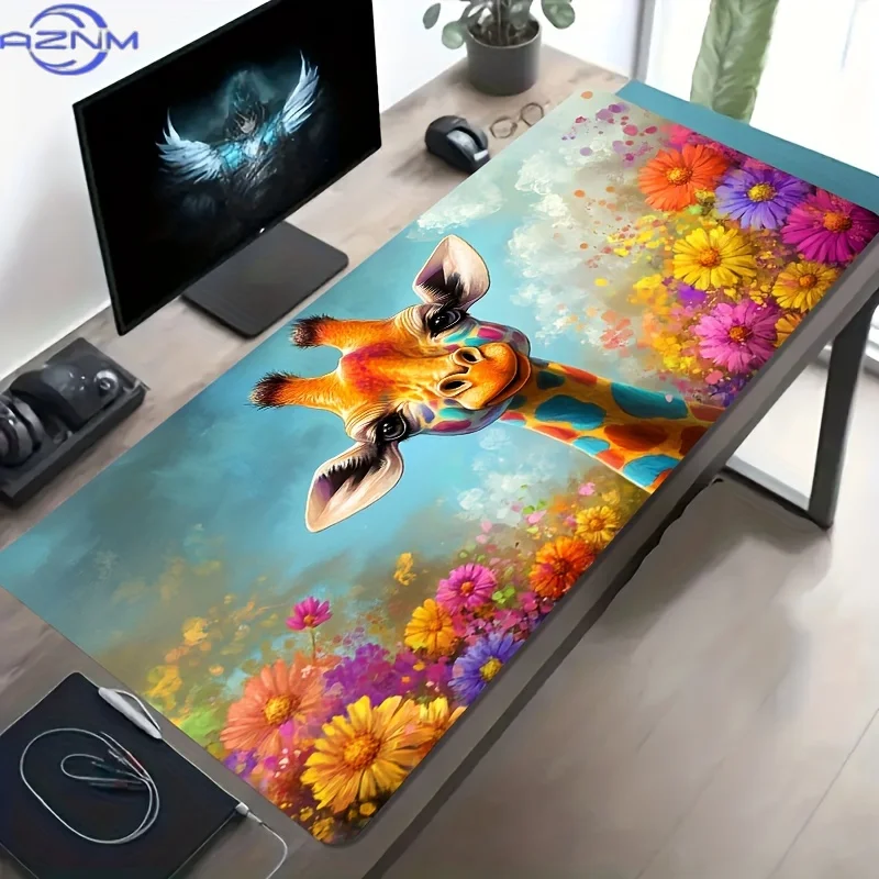 1pc Large-sized Esports Gaming Mouse Pad with a Colorful Giraffe in a Flowering Shrub Illustration Pattern, Featuring a Non-slip