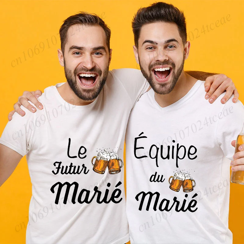 EVG فريق المستقبل العريس رجل فرقة القمم البيرة الجرافيك تي شيرت الزفاف تيز الفرنسية صديقها البكالوريوس واحد وداع حفلة تي شيرت
