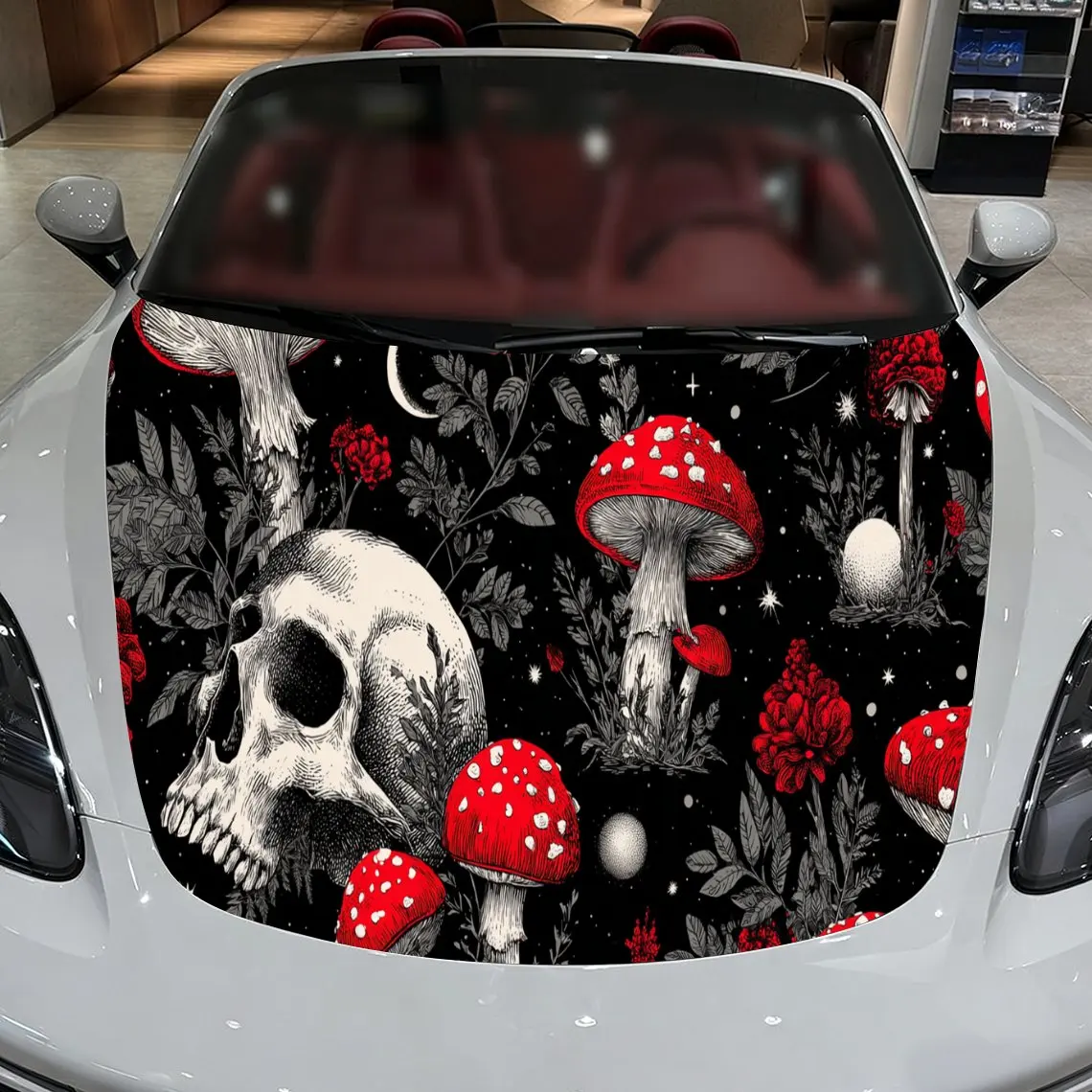 Car Decals A Dark Whimsical Design with Skulls, Red Mushrooms, and Botanical Details in a Black Textured Background with Artisti