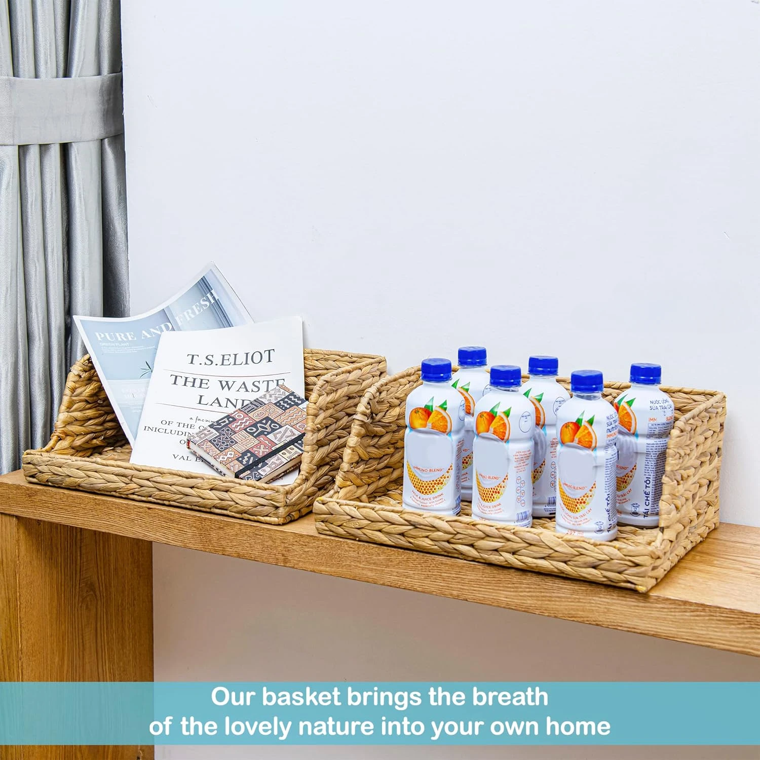 Water Hyacinth Storage Baskets with Large Open-Front for Kitchen, Decorative for Living Room, 13.4” x 9.5” x 5.5”, 2 Pack