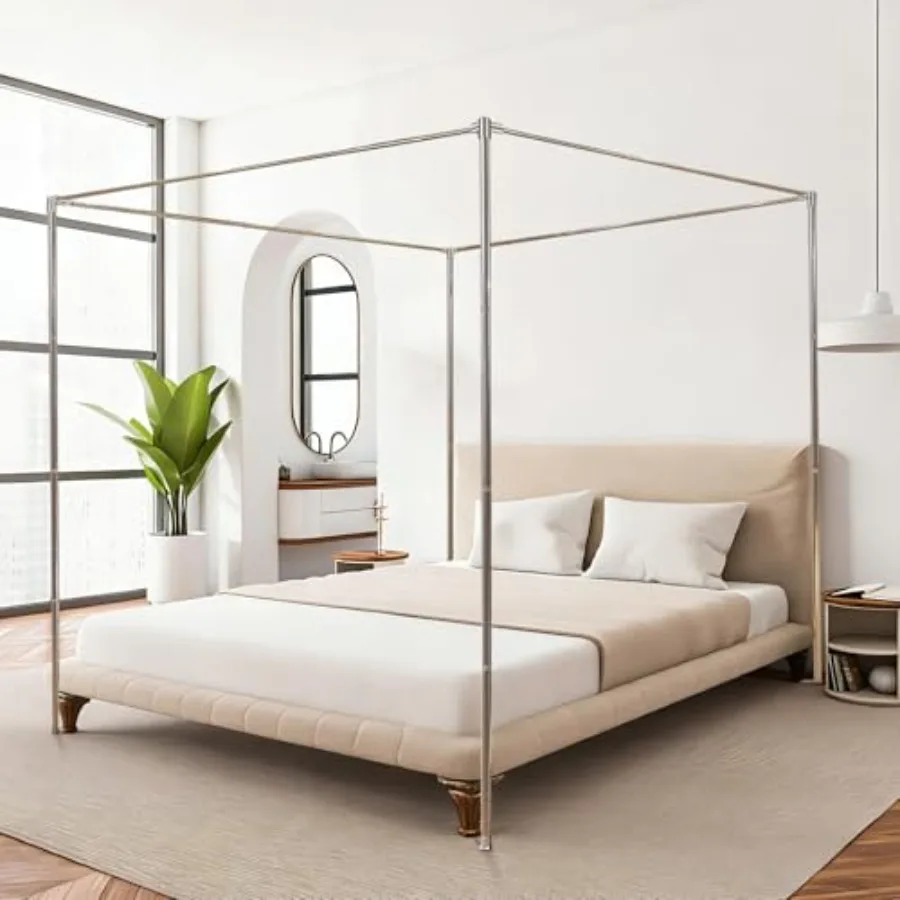 

Canopy Bed Frame Full Size Stainless Steel Metal Bed Post Poles Heavy Duty 4 Poster Floor Bedframe Freestanding Easy Assemble