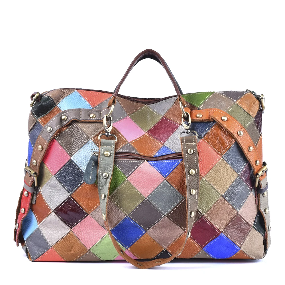 Colorful Stripe Pattern Clash Large Capacity Single Shoulder Crossbody Genuine Leather Cowhide Ladies Tote Bag